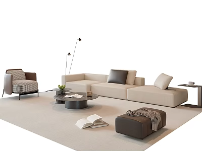 Modern Beige L Shaped Sofa and Round Coffee Table Set with Decorative Pillows Floor Lamp 3d model