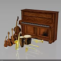 Collection Of Musical Equipment Featuring Mahogany Upright Piano Violins Guitars Saxophone Drum And Trumpet
