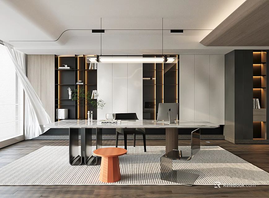 Modern Study Room With Desk Shelves And Lighting 3d model