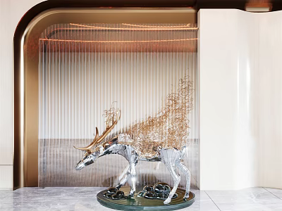 Exquisite Carved Deer Sculpture With Silver Body And Golden Decor On Marble Floor 3d model