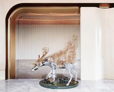 Exquisite Carved Deer Sculpture With Silver Body And Golden Decor On Marble Floor 3d model
