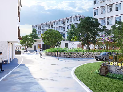 Modern Rural Village Landscape With White Buildings Trees Lawn Road Pedestrians And Cars 3d model