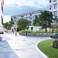 Modern Rural Village Landscape With White Buildings Trees Lawn Road Pedestrians And Cars
