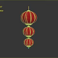 Red Lanterns Three Vertically Hanging with Golden Trim and Reflection on Dark Background 3d model