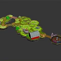 Cartoon Scene With Green Grassland Red Roof House Wooden Bridge And Round Platform
