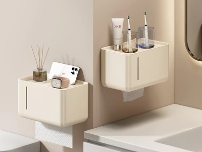 Cream White Wall Mounted Bathroom Accessories Storage Boxes With Toothbrushes Skincare And Phone 3d model