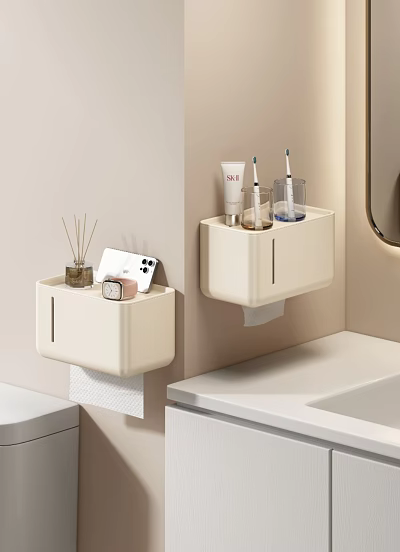 Cream White Wall Mounted Bathroom Accessories Storage Boxes With Toothbrushes Skincare And Phone 3d model