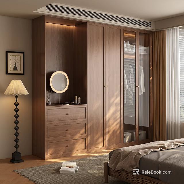 Wooden Wardrobe With Glass Door Dresser Mirror And Floor Lamp In Natural Bedroom 3d model 