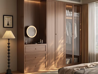 Wooden Wardrobe With Glass Door Dresser Mirror And Floor Lamp In Natural Bedroom 3d model