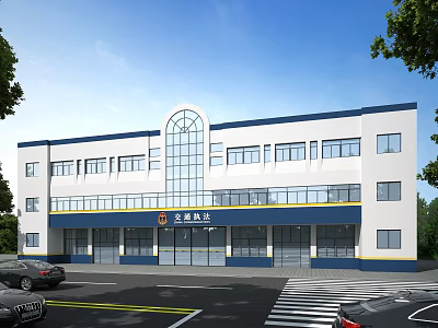 Multi Story Office Building White Blue Exterior Arched Window Parking Area And Surrounding Trees 3d model