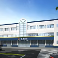 Multi Story Office Building White Blue Exterior Arched Window Parking Area And Surrounding Trees