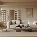 Living Room Interior With Beige Sofa Coffee Table Circular Pattern Divider And Wooden Bookshelves
