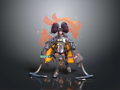 Anime Style Character With Twin Buns And Fiery Creature In Mechanical Armor Design 3d model