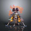 Anime Style Character With Twin Buns And Fiery Creature In Mechanical Armor Design