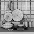 Blue Dinnerware Set With Stacked Plates Bowls And Wooden Tray Against White Tiled Kitchen Wall