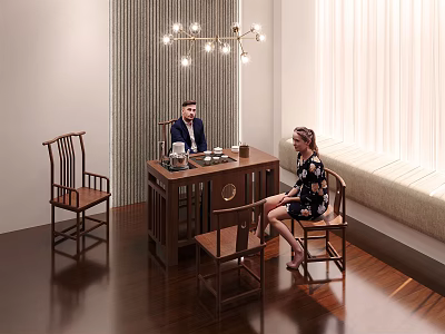 Traditional Wooden Tea Table with Chairs Chandelier and Striped Wall in Cozy Tea Drinking Scene 3d model