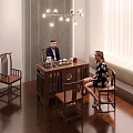 Traditional Wooden Tea Table with Chairs Chandelier and Striped Wall in Cozy Tea Drinking Scene