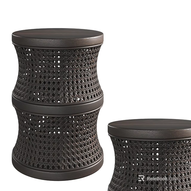 Two Dark Brown Woven Stools With Round Top And Intricate Weave Design 3d model 