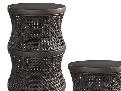 Two Dark Brown Woven Stools With Round Top And Intricate Weave Design 3d model
