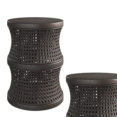 Two Dark Brown Woven Stools With Round Top And Intricate Weave Design 3d model