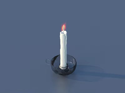 White Decorative Burning Candle With Flame Placed In Small Black Dish 3d model