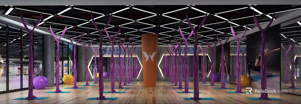 Modern Aerial Yoga Studio With Purple Hammocks Yoga Mats And Geometric Lighting 3d model 