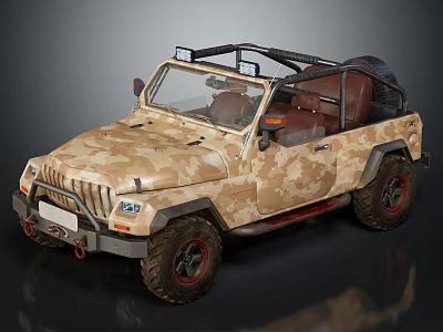 Camouflage Utility Vehicle With Open Top Roof Rack Brown Seats And Off Road Tires 3d model