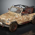 Camouflage Utility Vehicle With Open Top Roof Rack Brown Seats And Off Road Tires