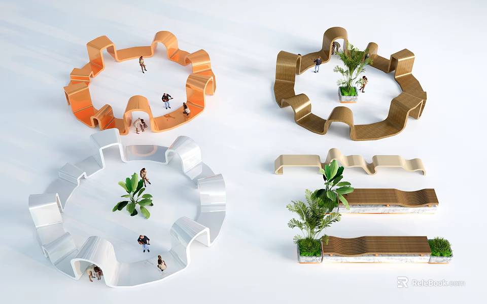 Modern Curved Leisure Chair Design With Wooden Elements And Green Plants 3d model 