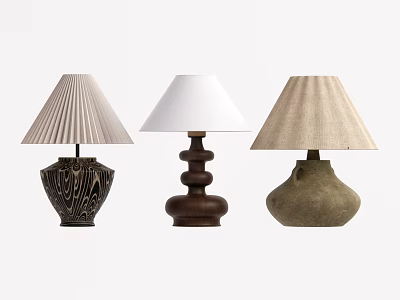 Three Unique Table Lamps With Carved Ceramic Wooden Bases And Pleated Linen Shades 3d model