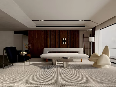 Modern Living Room Interior With Beige Carpet White Sofa Wooden Wall Black And Beige Chairs 3d model