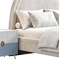 Kids Bed With Arched Headboard Soft Pillows Matching Nightstand Blue Accents