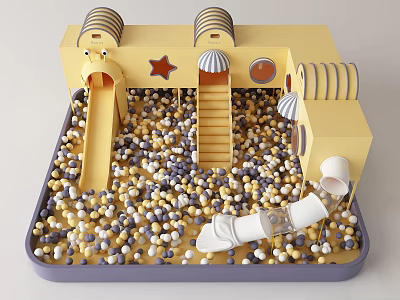 Yellow Playground Equipment with Ball Pit Slide Stairs and Star Canopy Design 3d model