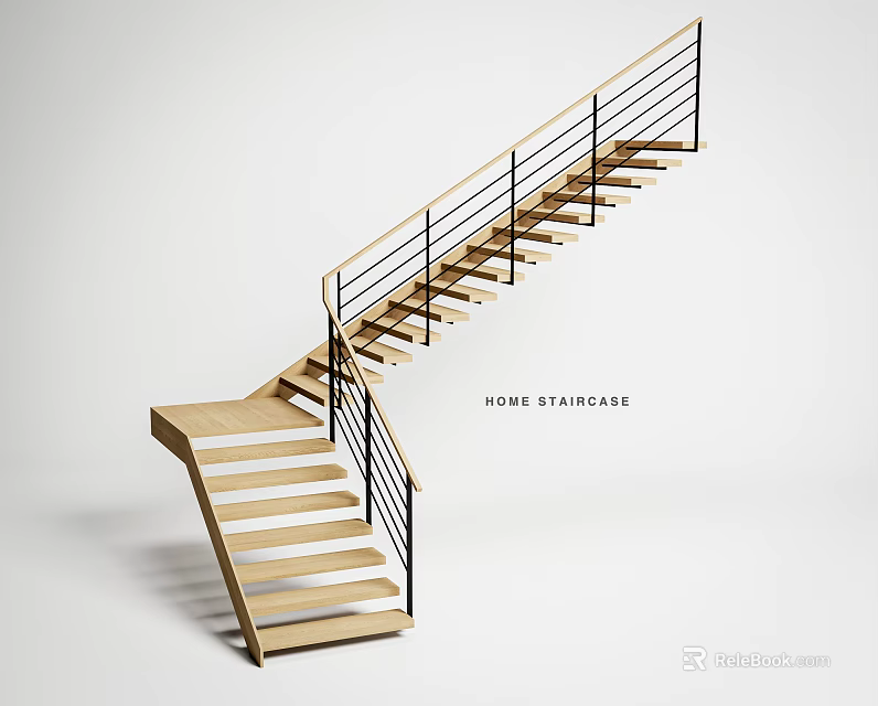 Modern Home Staircase With Wooden Steps And Black Metal Railings Design 3d model 