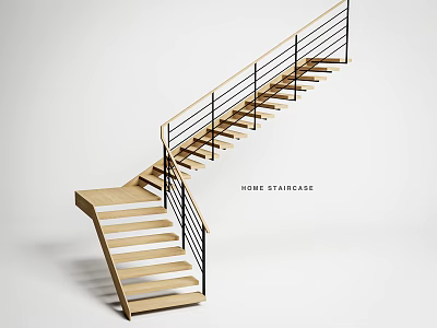 Modern Home Staircase With Wooden Steps And Black Metal Railings Design 3d model