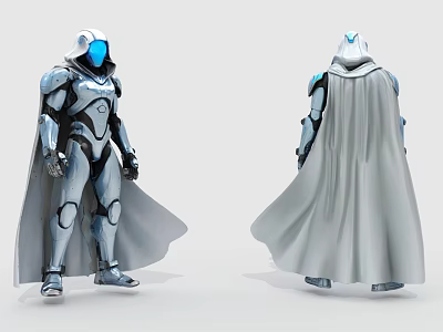 Man In Futuristic Silver Armor With Flowing Cloak Front And Back Views 3d model