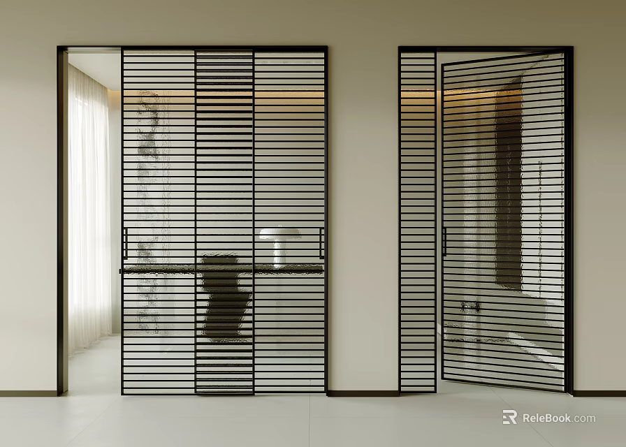 Modern Interior Sliding Doors With Black Vertical Slats For Space Division Design 3d model 