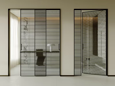 Modern Interior Sliding Doors With Black Vertical Slats For Space Division Design 3d model