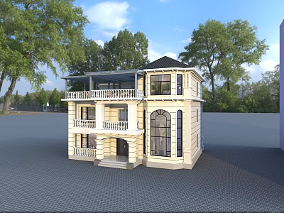 Elegant Two Story Single Family Villa With Balcony Large Windows And Green Trees 3d model