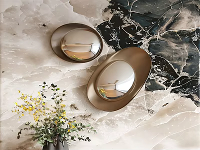 Oval Metal Wall Hangings With Mirror Surface On Marble Textured Wall And Yellow Flowers 3d model