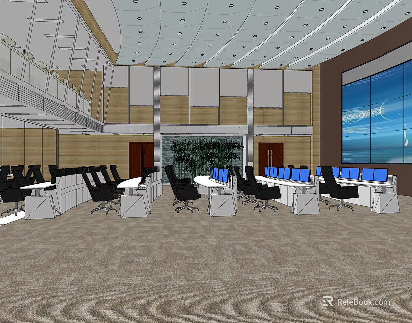 Modern Control Room Interior With Workstations Multiple Screens And Office Chairs 3d model