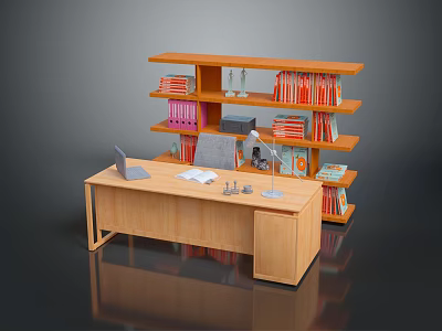 Wooden Office Desk With Laptop Papers And Multi tiered Bookshelf Full Of Colored Books 3d model
