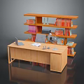 Wooden Office Desk With Laptop Papers And Multi tiered Bookshelf Full Of Colored Books