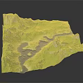 Detailed 3D Terrain Model With Green Mountain Ranges And Blue Water Bodies