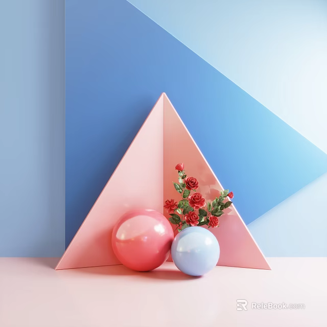 Decorative Geometric Display With Pink Triangle Red Blue Spheres And Red Flowers 3d model 