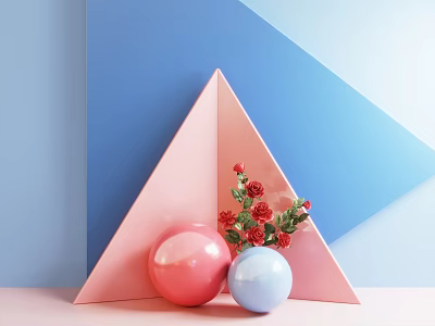 Decorative Geometric Display With Pink Triangle Red Blue Spheres And Red Flowers 3d model