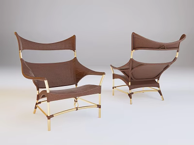 Two Modern Brown Leather Lounge Chairs With Gold Metal Frame Design 3d model