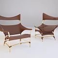 Two Modern Brown Leather Lounge Chairs With Gold Metal Frame Design
