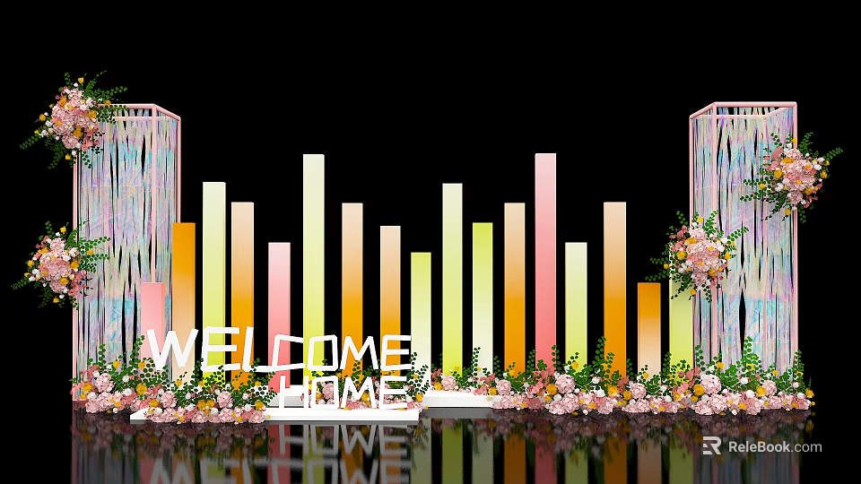 Elegant Shop Window With Colorful Gradient Columns Floral Decor Mirrored Floor And Welcome Home Sign 3d model 