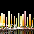 Elegant Shop Window With Colorful Gradient Columns Floral Decor Mirrored Floor And Welcome Home Sign
